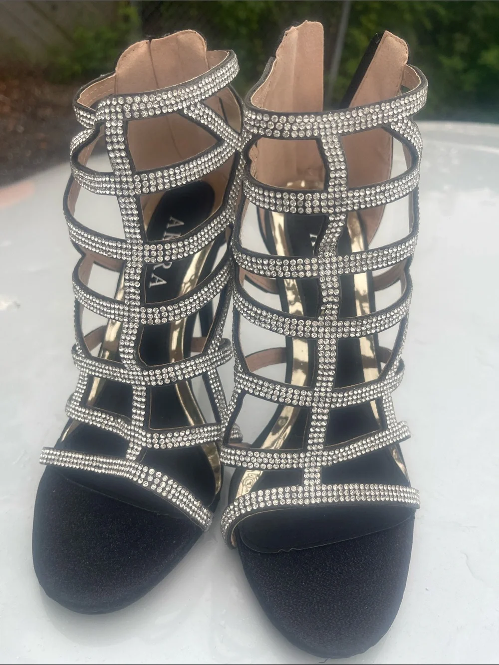 AKIRA Black Rhinestone Cage Heels